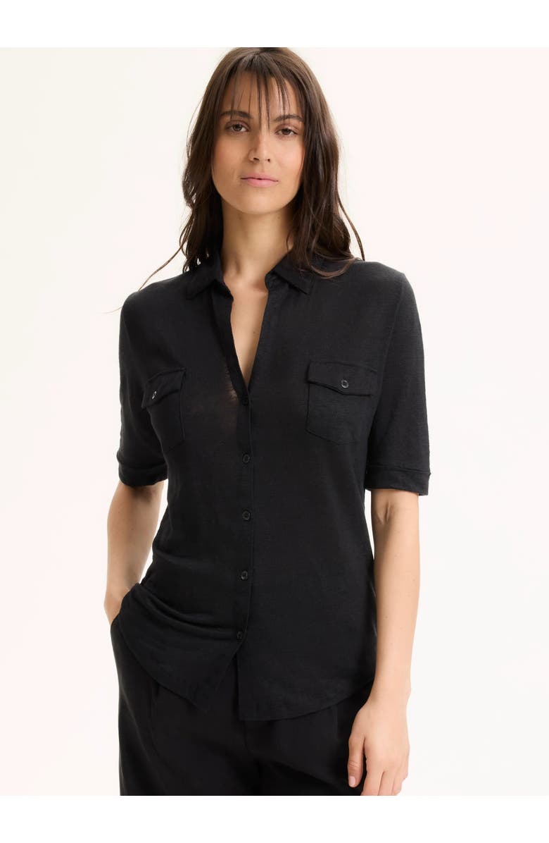 Majestic Filatures Stretch Linen 3/4 Sleeve Pocket Shirt, Main, color, Noir