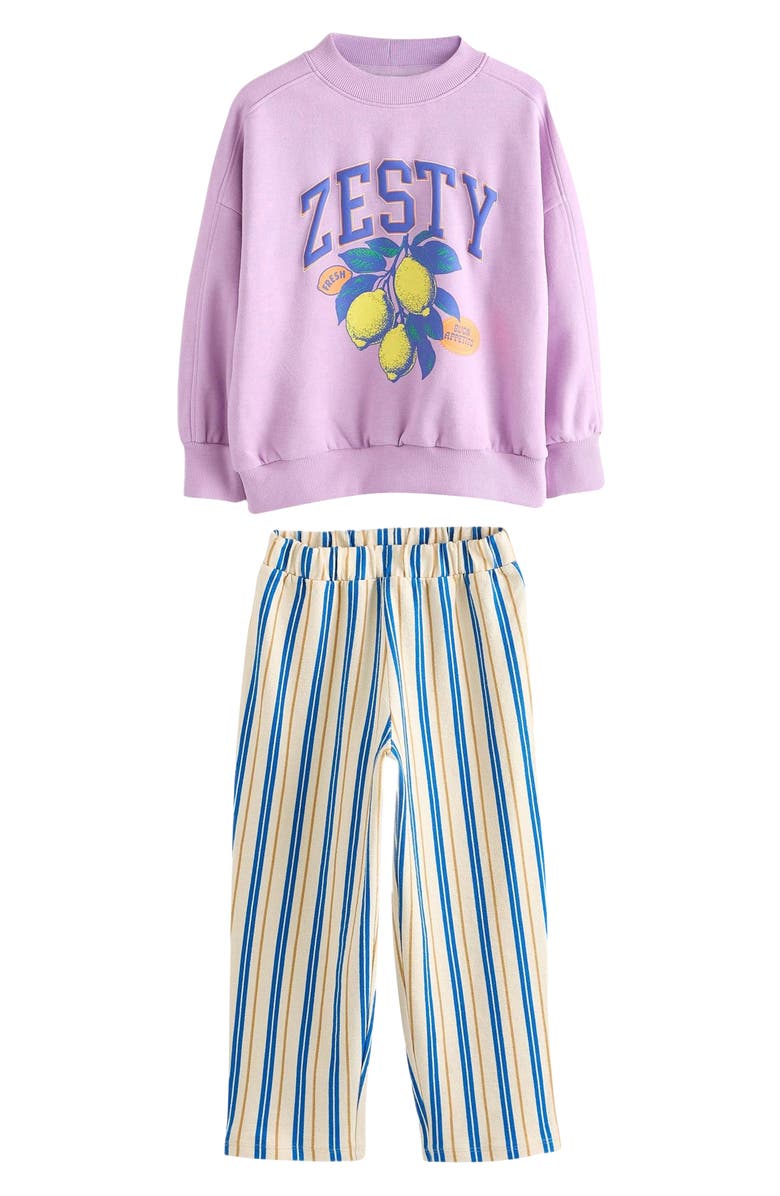 NEXT Kids' Zesty Graphic Sweatshirt & Stripe Pants Set, Main, color, Purple