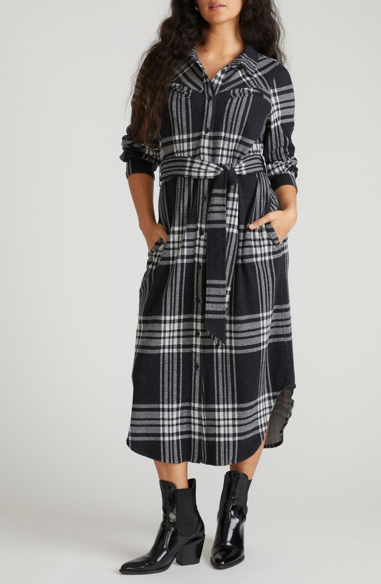 Universal Standard Morgan Long Sleeve Stretch Flannel Midi Shirtdress, Main, color, Highland Hug Black Plaid