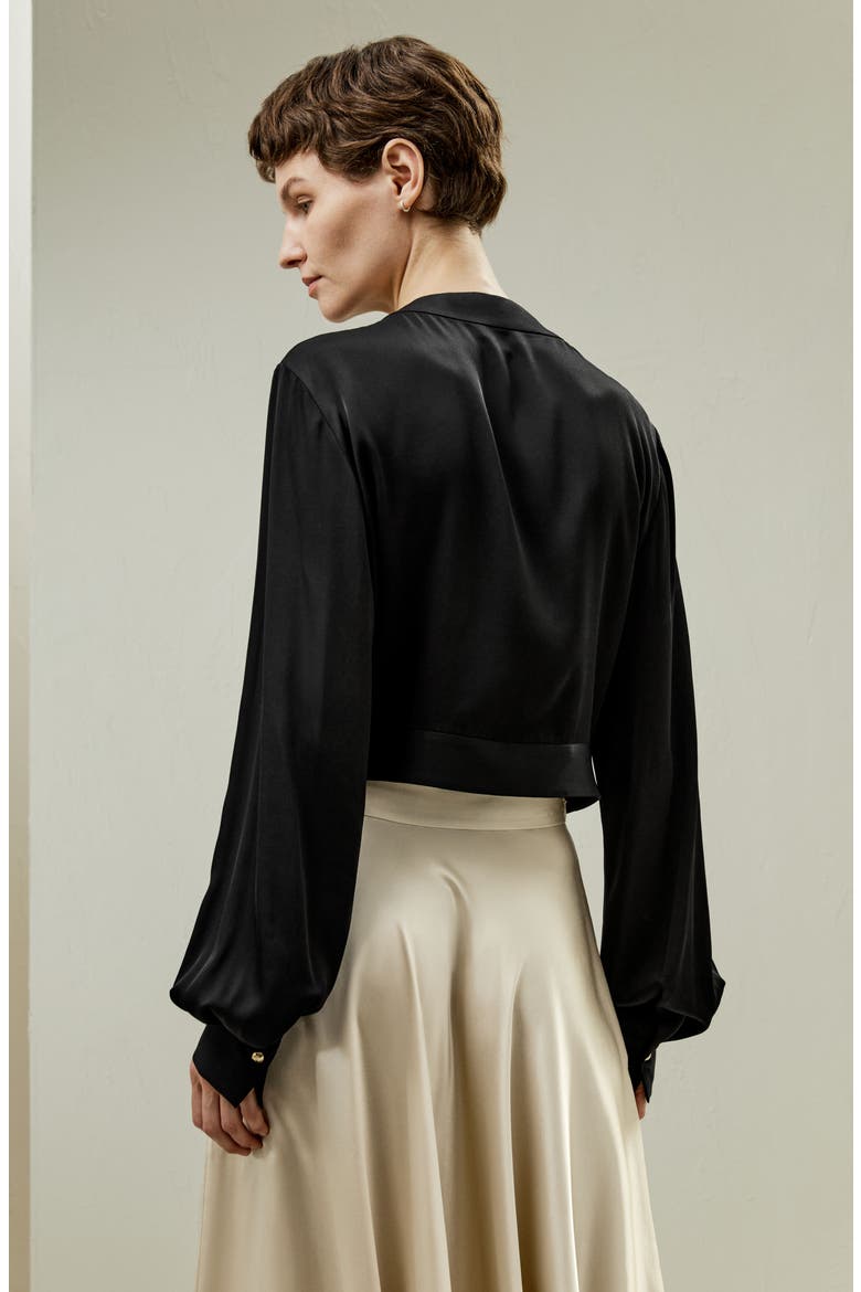 V Neck Collared Silk Shirt, Alternate, color, Black
