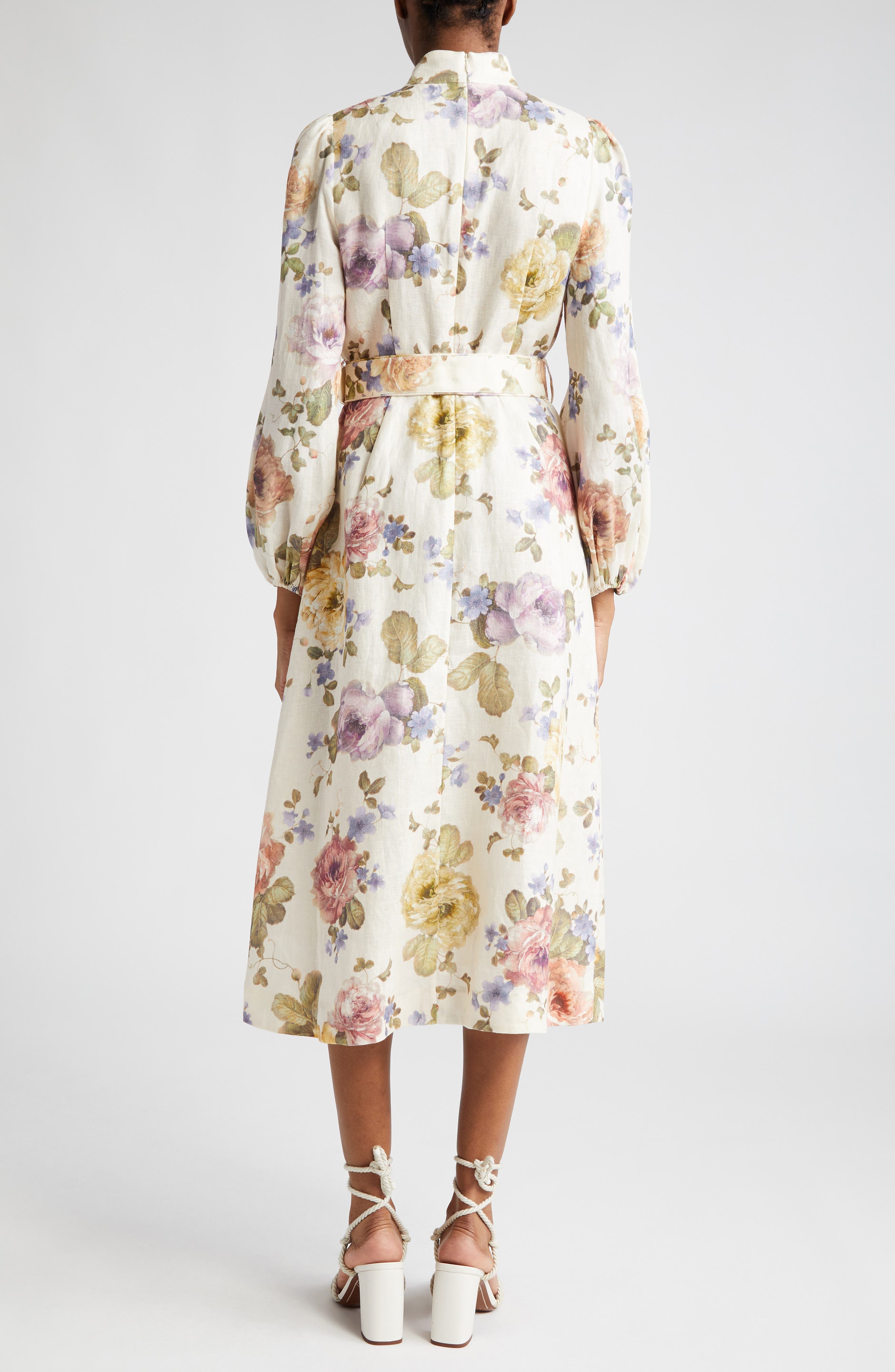 Zimmermann Floral Print Tulip Sleeve Linen Midi Dress (Women) | Nordstrom