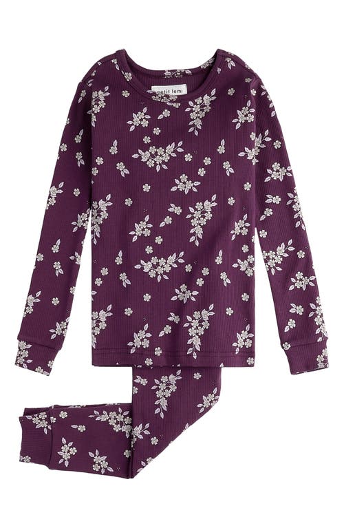 Petit Lem Kids' Floral Print Fitted Stretch Organic Cotton Two-Piece Pajamas in Dark Purple 