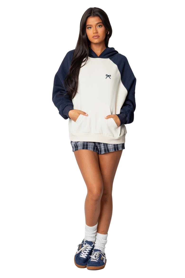 Bow Embroidery Oversize Colorblock Hoodie, Alternate, color, NAVY-AND-CREAM