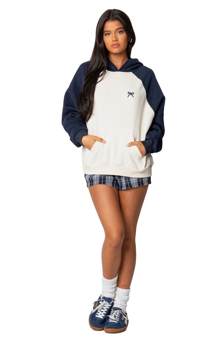 EDIKTED Bow Embroidery Oversize Colorblock Hoodie, Alternate, color, Navy-And-Cream