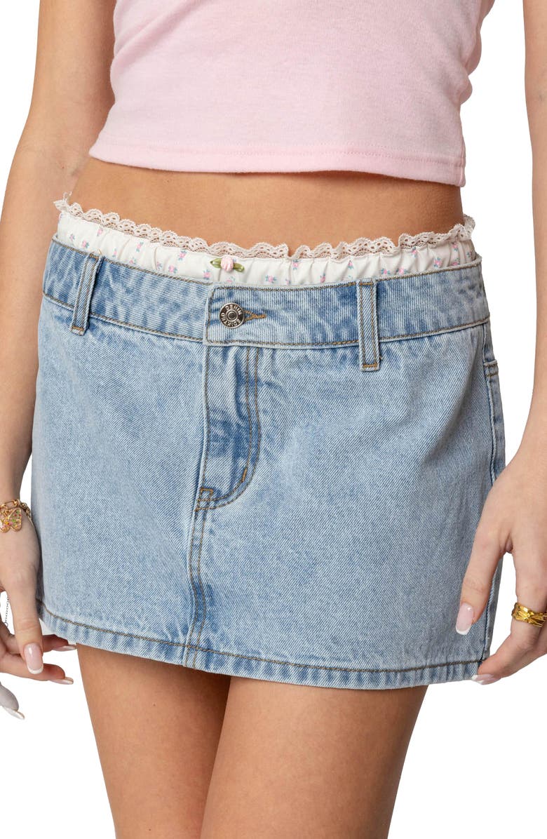 EDIKTED Floral Peekaboo Denim Miniskirt, Alternate, color, Light-Blue
