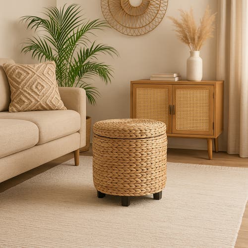 Happimess Addie 17.72" Modern Coastal Handwoven Water Hyacinth Storage Ottoman With Lid