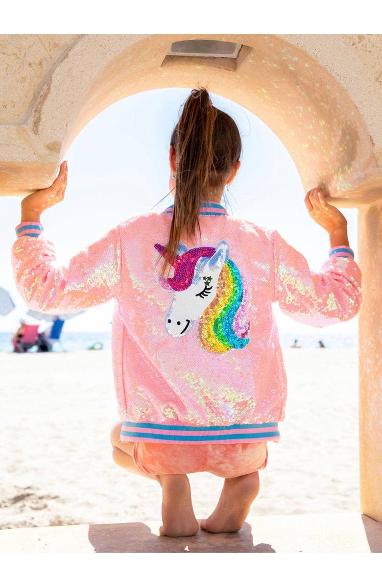 Lola + The Boys Pretty in Pink Unicorn Sequin Bomber, Alternate, color, Pink