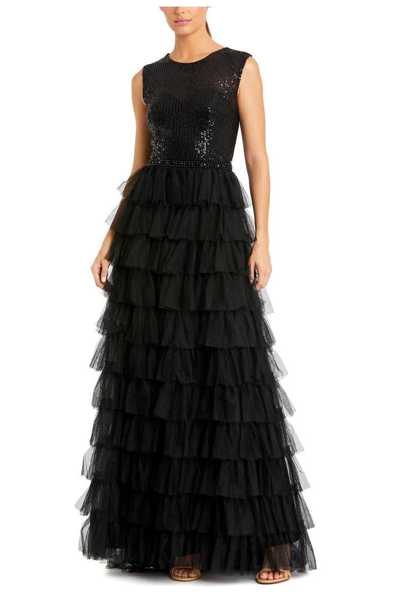 Mac Duggal Ruffle Tiered Sequin High Neck Gown, Main, color, Black