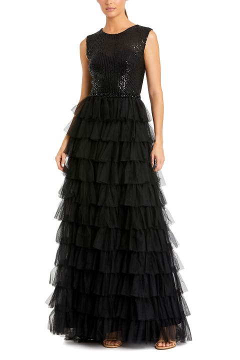Ruffle Tiered Sequin High Neck Gown