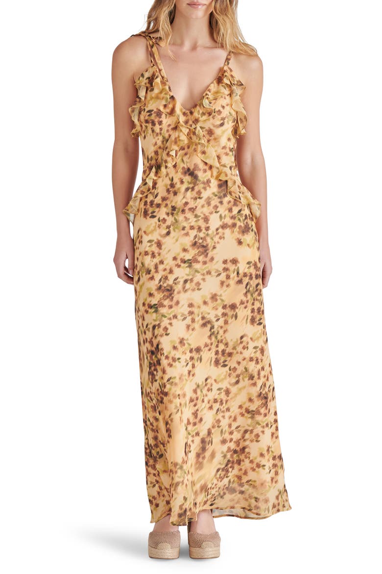 Adalina Floral Ruffle Chiffon Maxi Dress, Main, color, WHEAT
