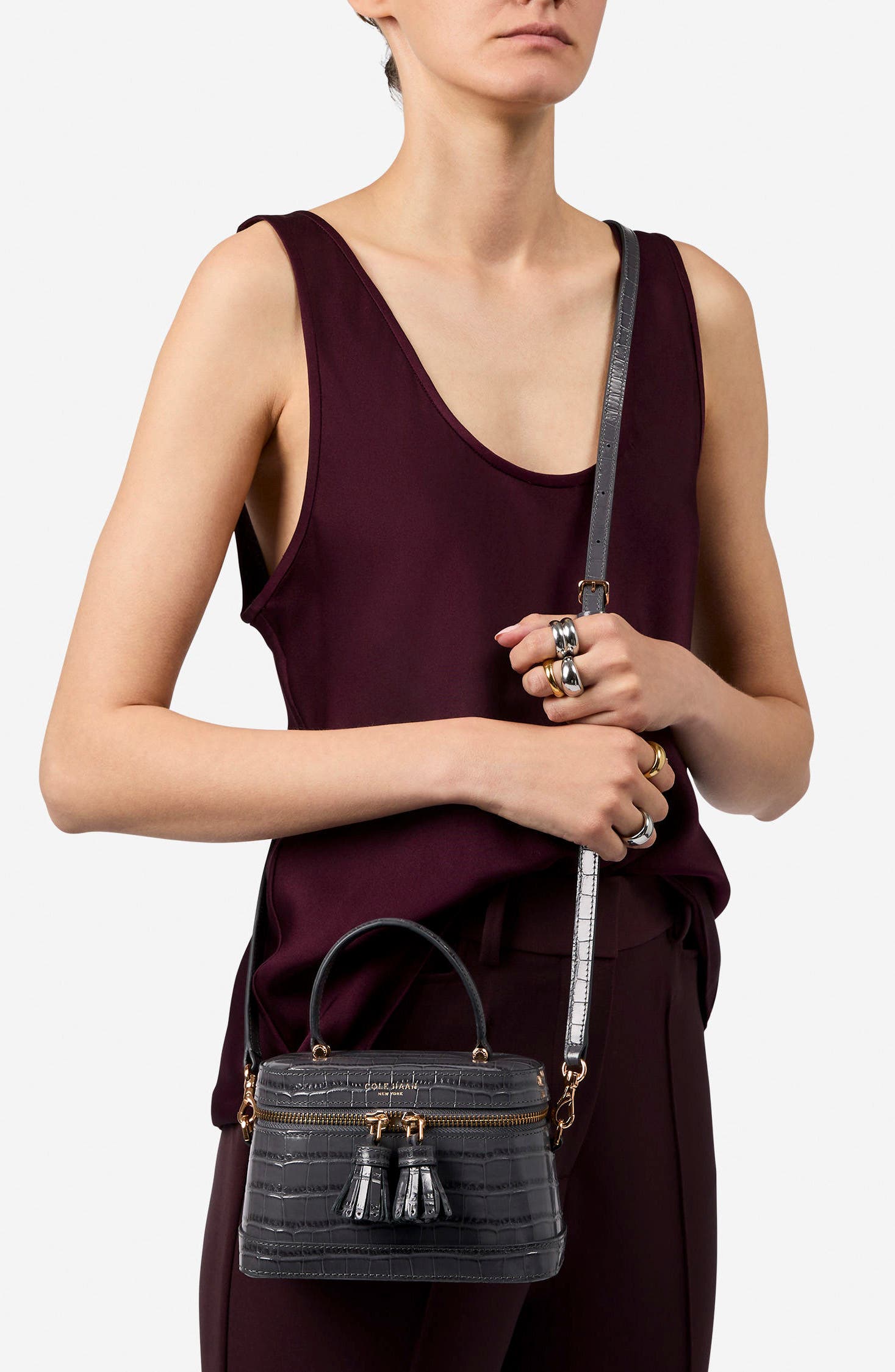 Fleur Croc Embossed Leather Vanity Bag, Alternate, color, BLACK CROCO PRINT