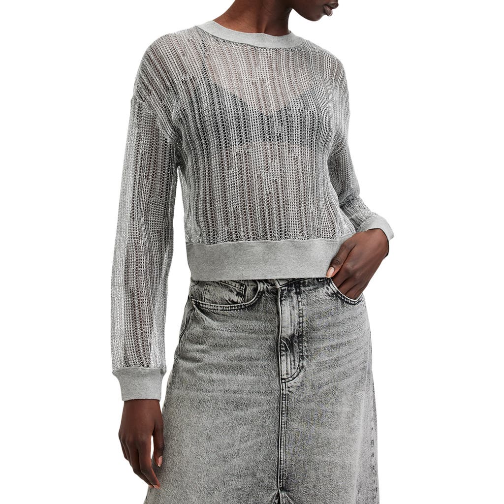 Allsaints Giana Long Sleeve Open Knit Sweatshirt In Silver