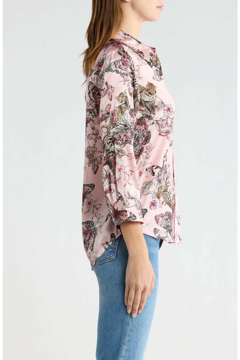 Dani Butterfly Print Three-Quarter Sleeve Silk Button-Up Shirt, Alternate, color, LIGHT NECTAR PINK BUTTERFLY