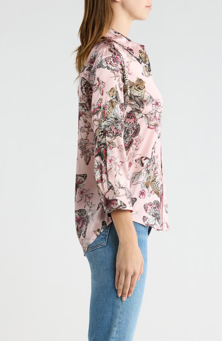 L'AGENCE Dani Butterfly Print Three-Quarter Sleeve Silk Button-Up Shirt, Alternate, color, Light Nectar Pink Butterfly
