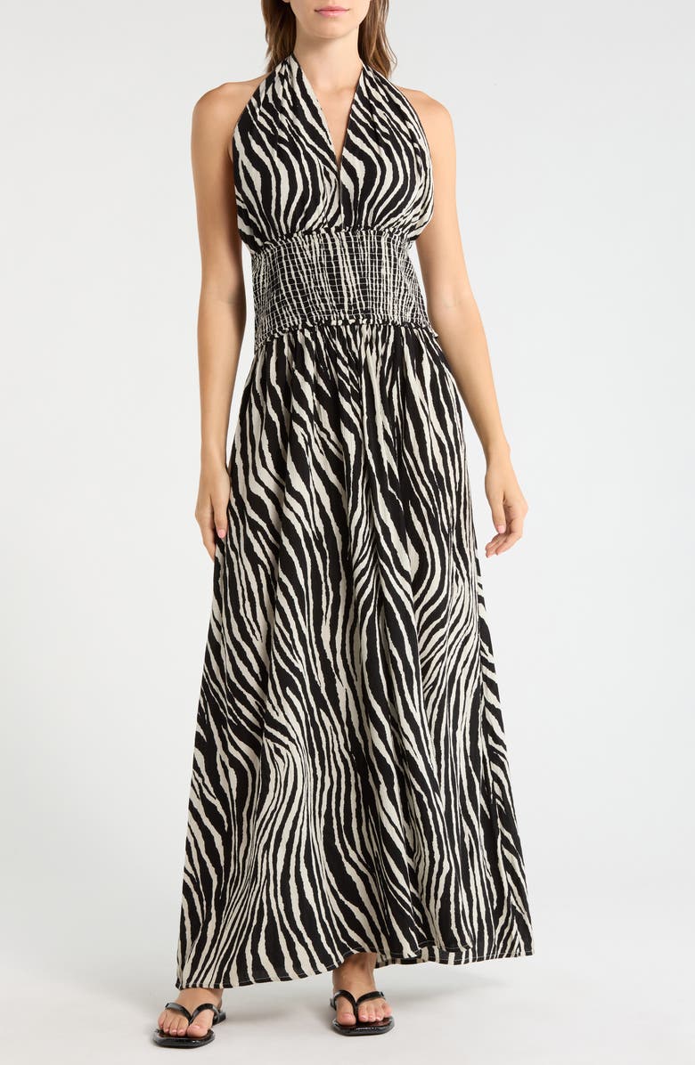 Elan Halter Smocked Waist Maxi Cover-Up Dress, Main, color, Black Zebra