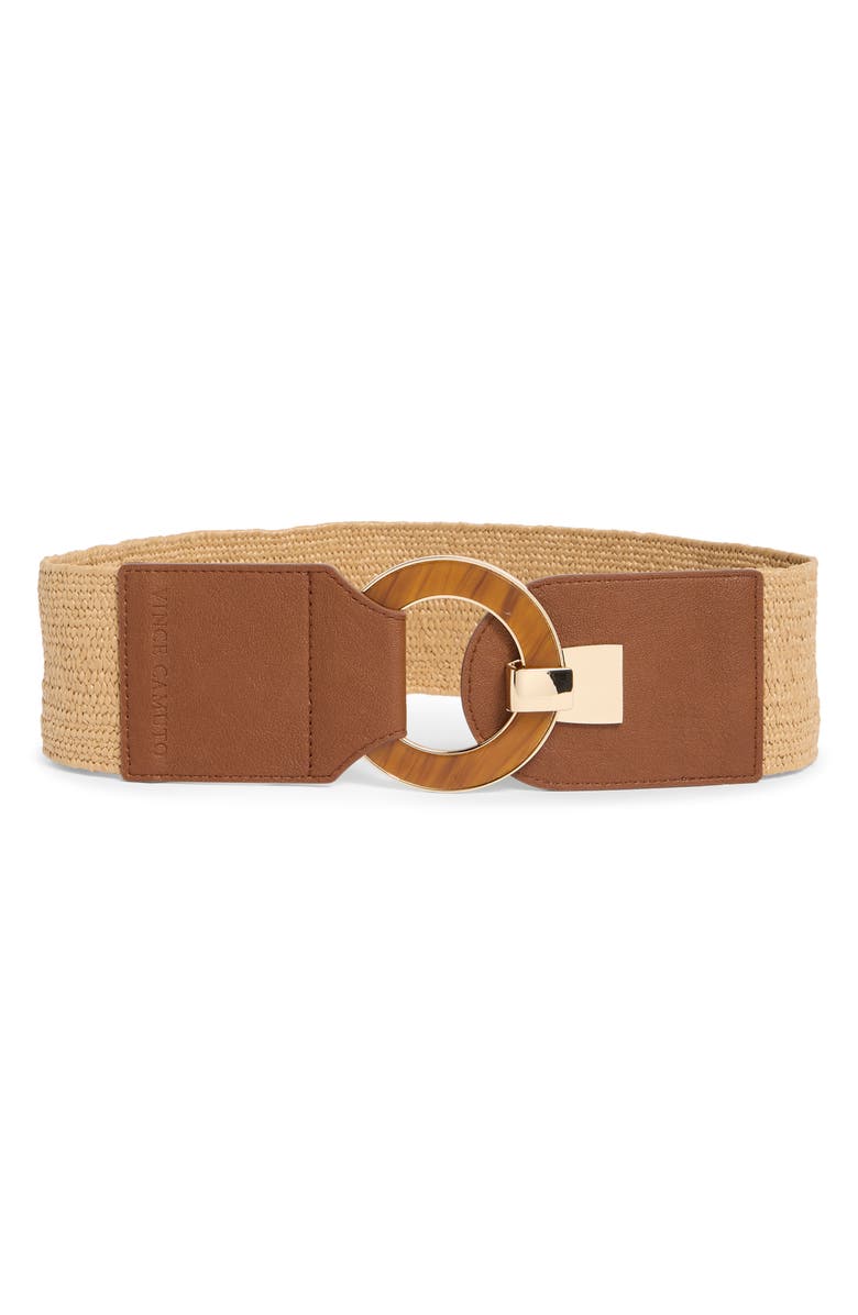Vince Camuto Resin Buckle Stretch Woven Belt, Main, color, Cognac/ Natural