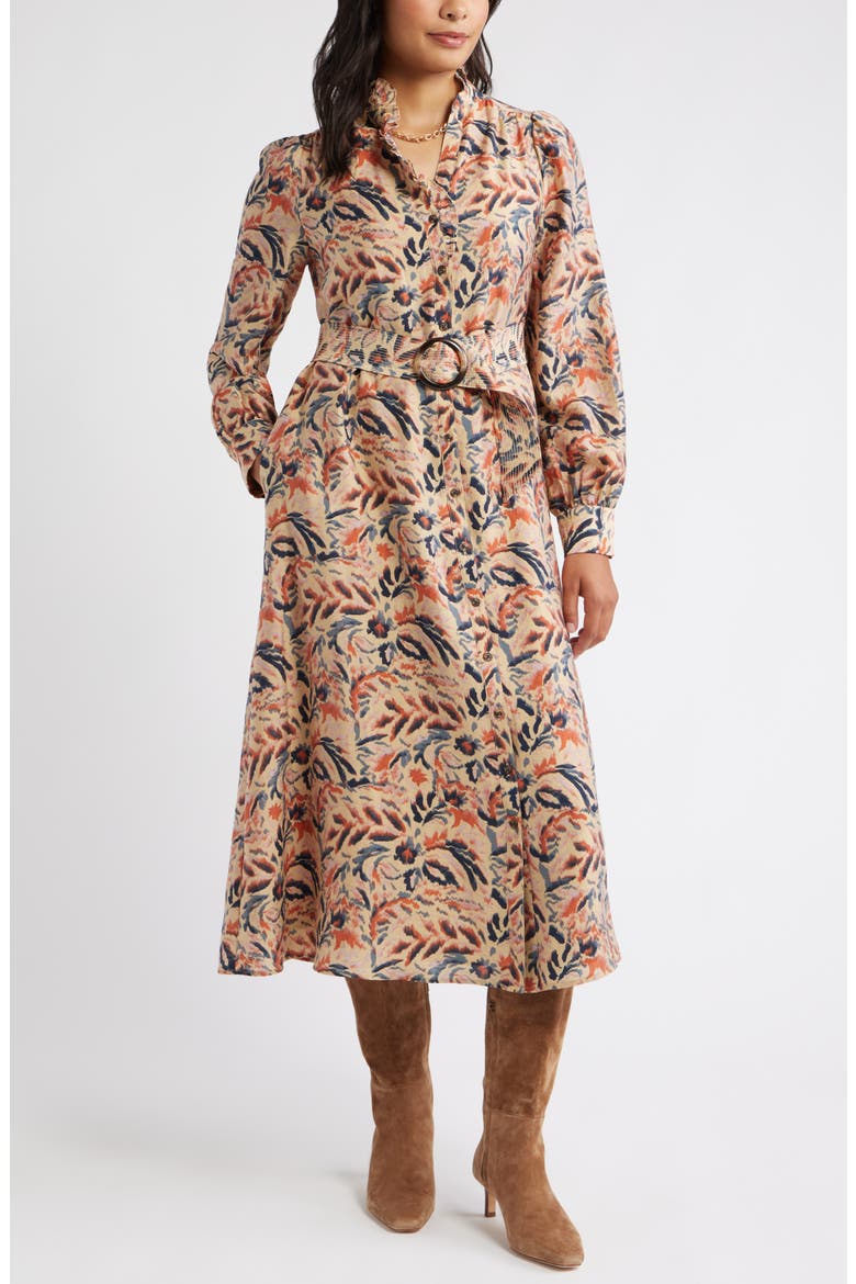 Ruffle Belted Long Sleeve Maxi Dress, Main, color, TAN- NAVY IKAT BLOSSOM