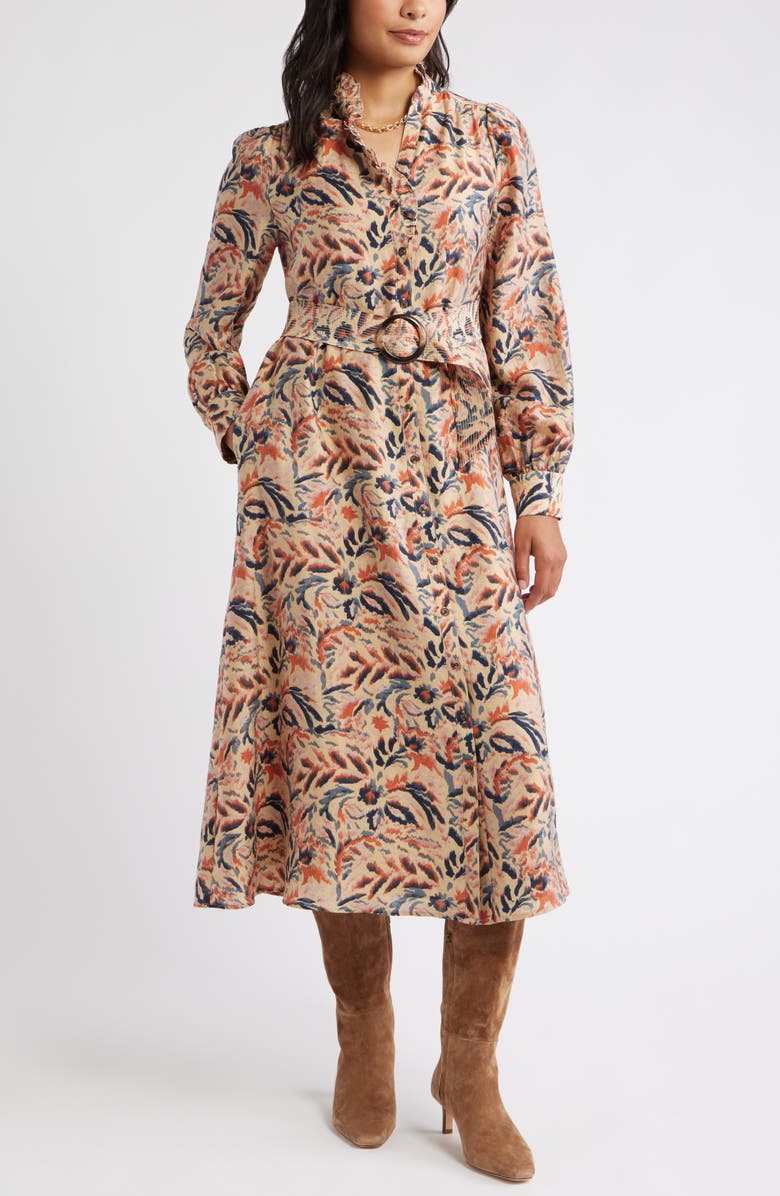 Caslon<sup>®</sup> Ruffle Belted Long Sleeve Maxi Dress, Main, color, Tan- Navy Ikat Blossom