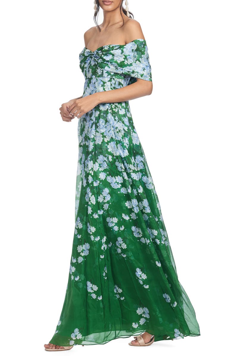 Sachin & Babi Kennedy Floral Print Off the Shoulder Gown, Alternate, color, Kelly Green Degrade Florals