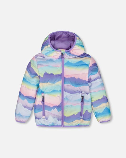 Baby Girl's Printed Quilted Mid-Season Jacket Mauve And Blue, Pink Mountain