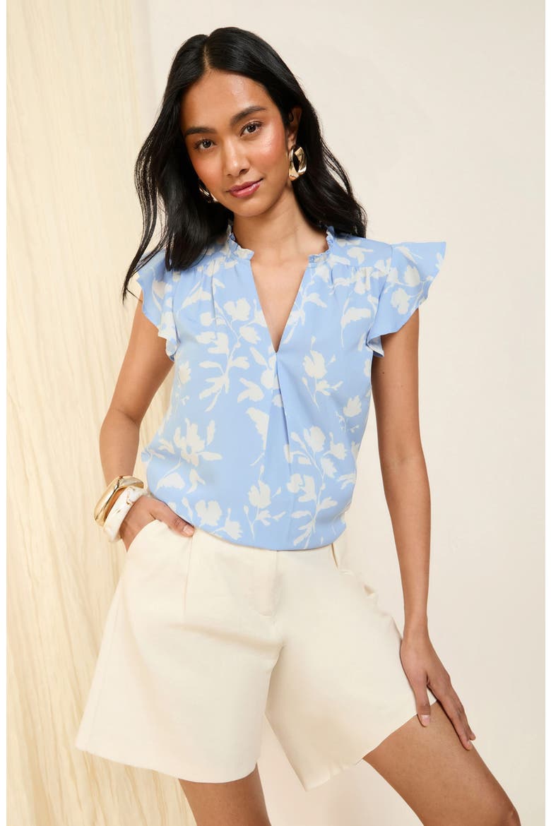 Floral Flutter Sleeve Top, Alternate, color, BLUE
