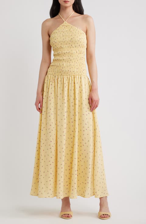 Aradia Ditsy Floral Shirred Halter Midi Dress