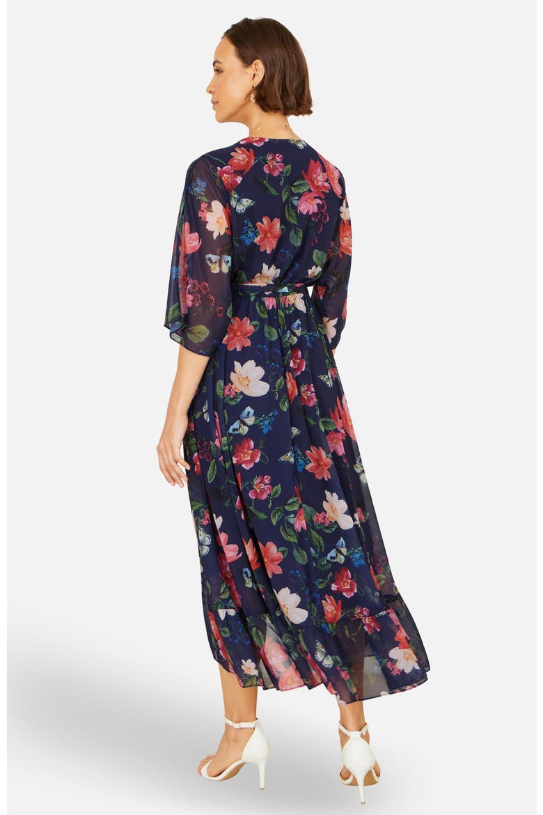Floral Dip Hem Wrap Midi Dress, Alternate, color, Navy