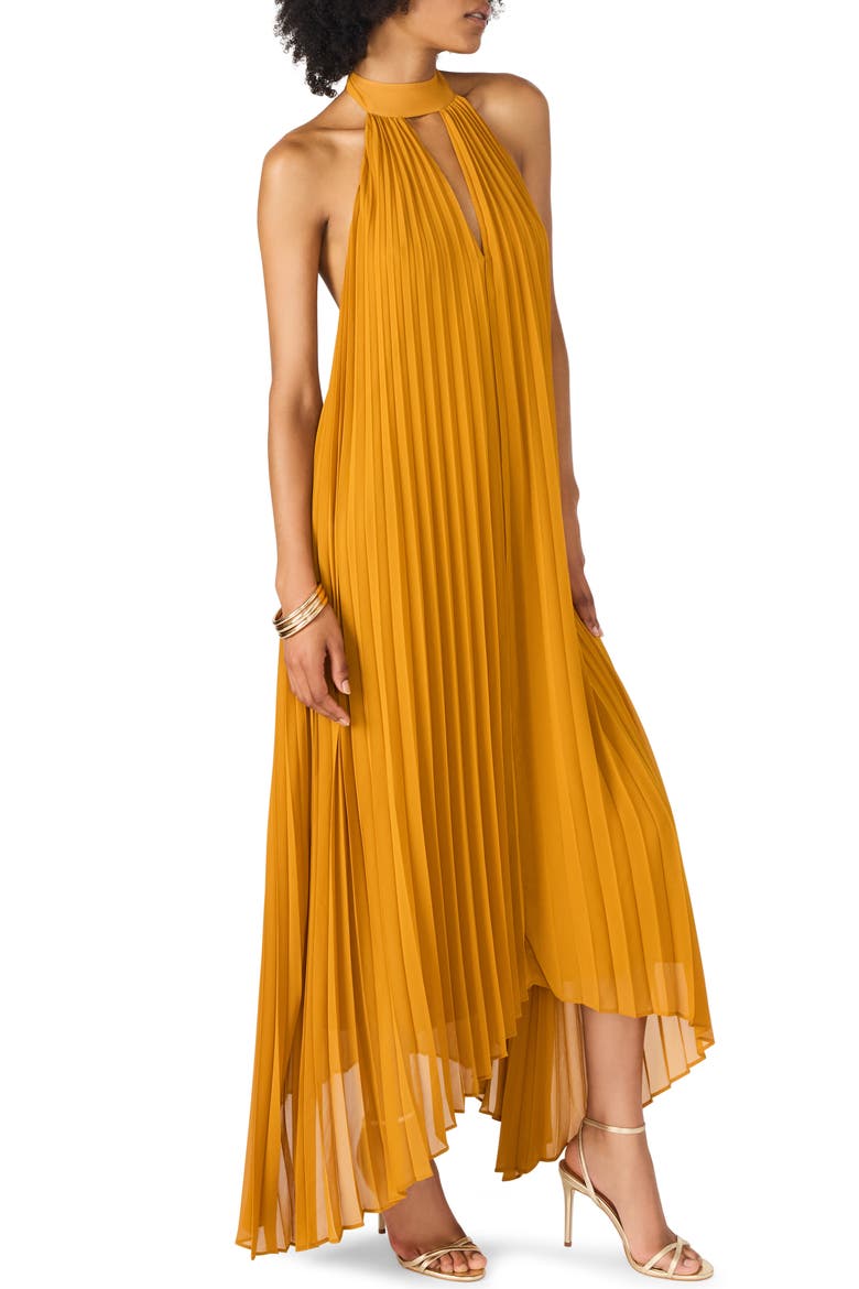 Maraya Pleated Halter Dress, Alternate, color, TUSCAN GOLD