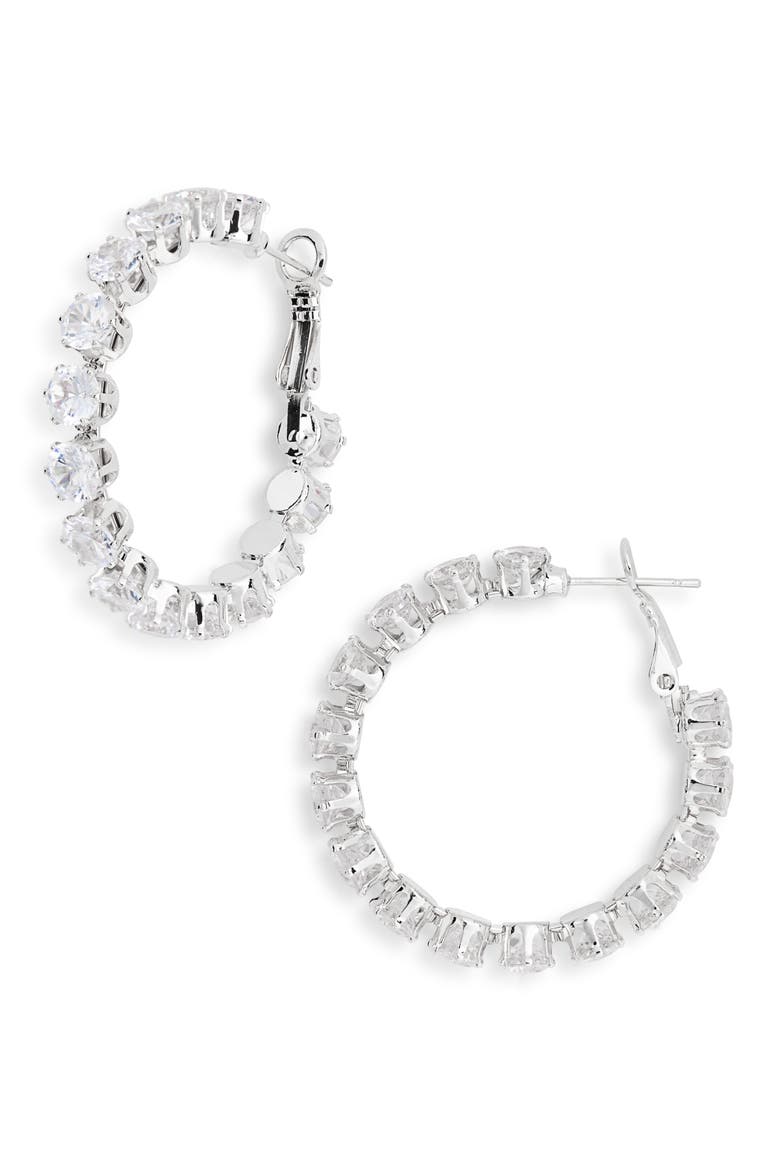 Stone Hoop Earrings, Main, color, SILVER