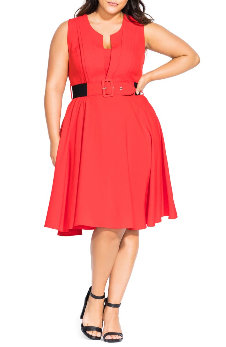 City Chic Vintage Veronica Belted Pleat Fit & Flare Dress, Main, color,