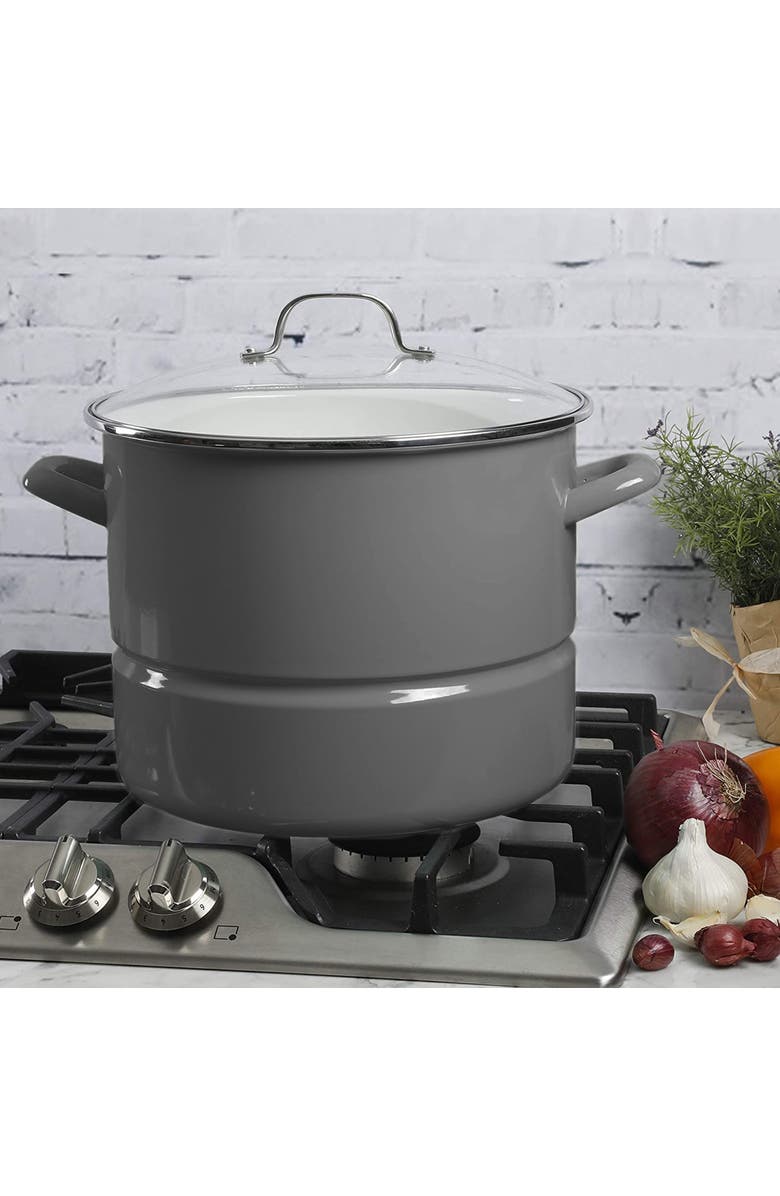 Kenmore 16 Quart Enamel On Steel Stock Pot With Steamer and Lid, Alternate, color, Grey