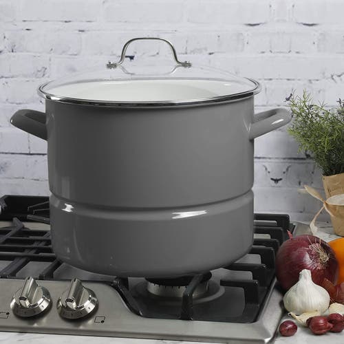 Kenmore 16 Quart Enamel On Steel Stock Pot With Steamer And Lid In Graphite Grey In Gray