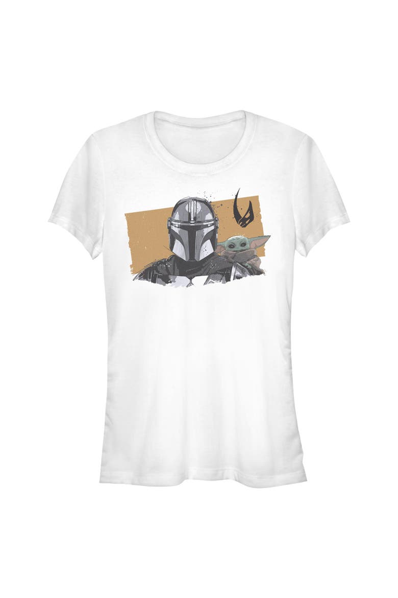 Junior's Star Wars The Mandalorian and Grogu Bounty Hunter and The Child Portrait  Graphic T-Shirt, Main, color, White