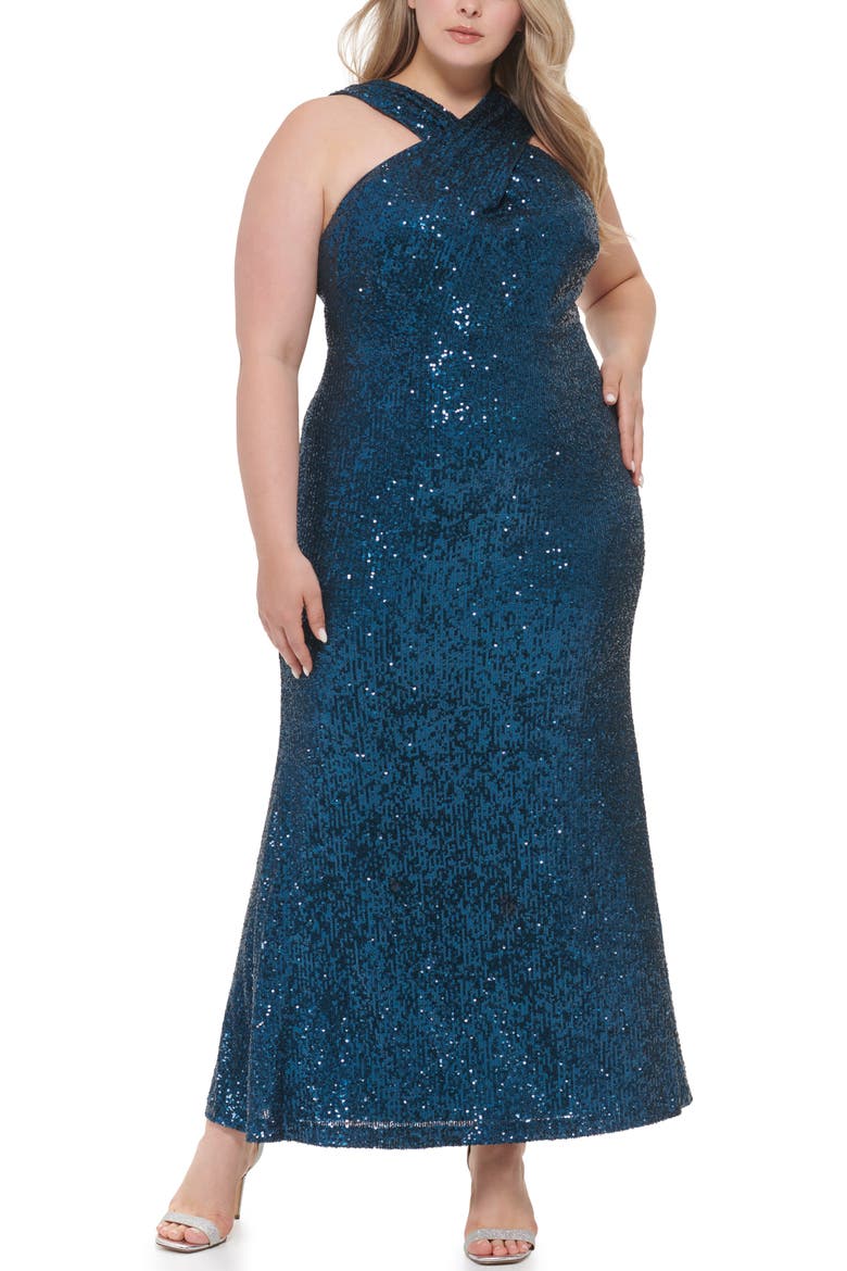 Halter Neck Empire Waist Sequin Gown, Main, color, PEA