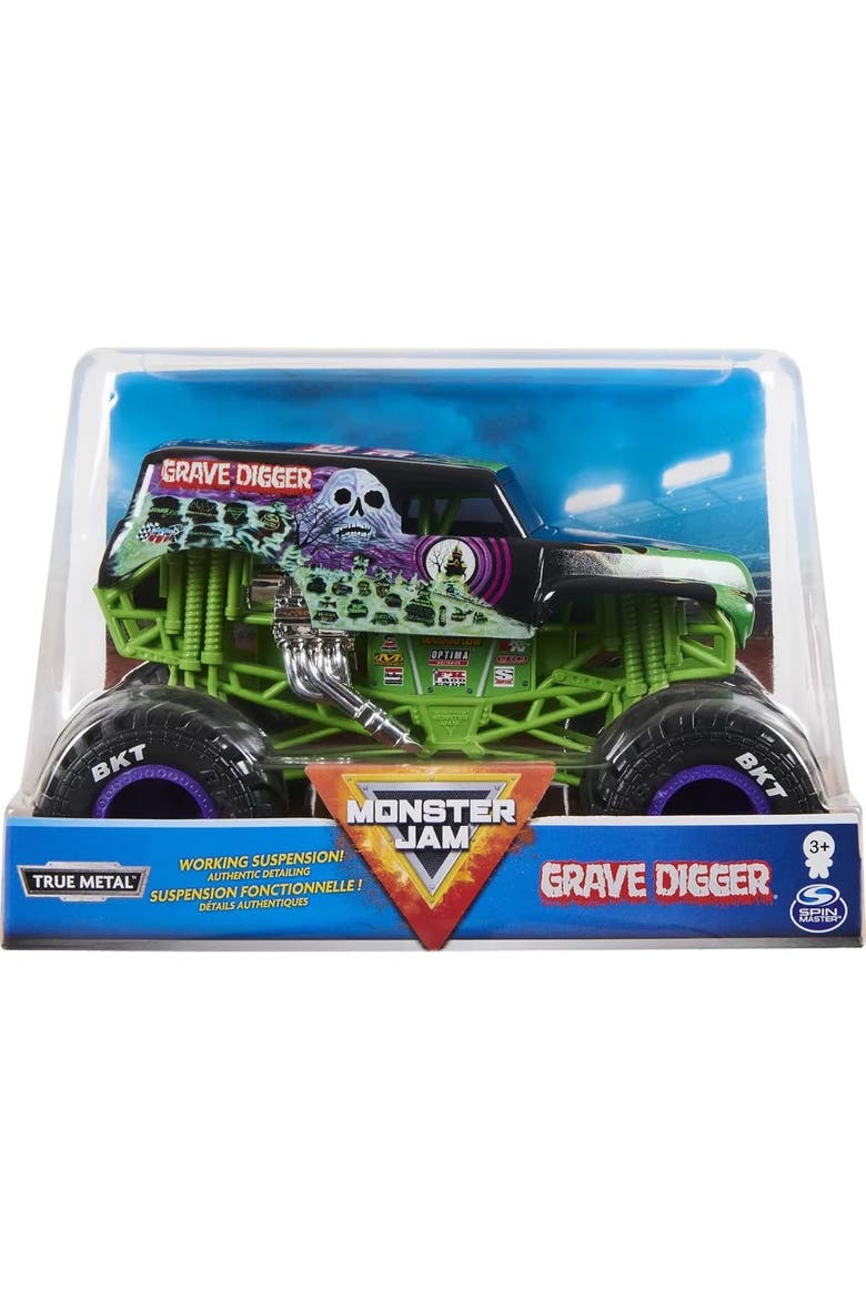 Grave Digger Monster Truck - 124 Scale Die-Cast Vehicle - Chrome Rims and BKT Tread Tires For Use In All Playsets, Main, color, Green