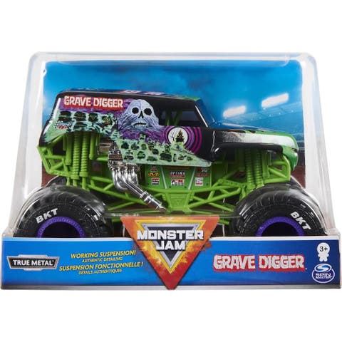 Grave Digger Monster Truck - 124 Scale Die-Cast Vehicle - Chrome Rims and BKT Tread Tires For Use In All Playsets