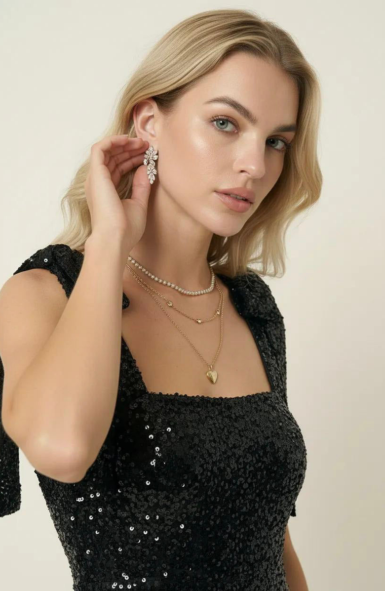 Modenaire Sequin Midi Dress with Tie Straps and Square Neckline, Alternate, color, Black Sequin