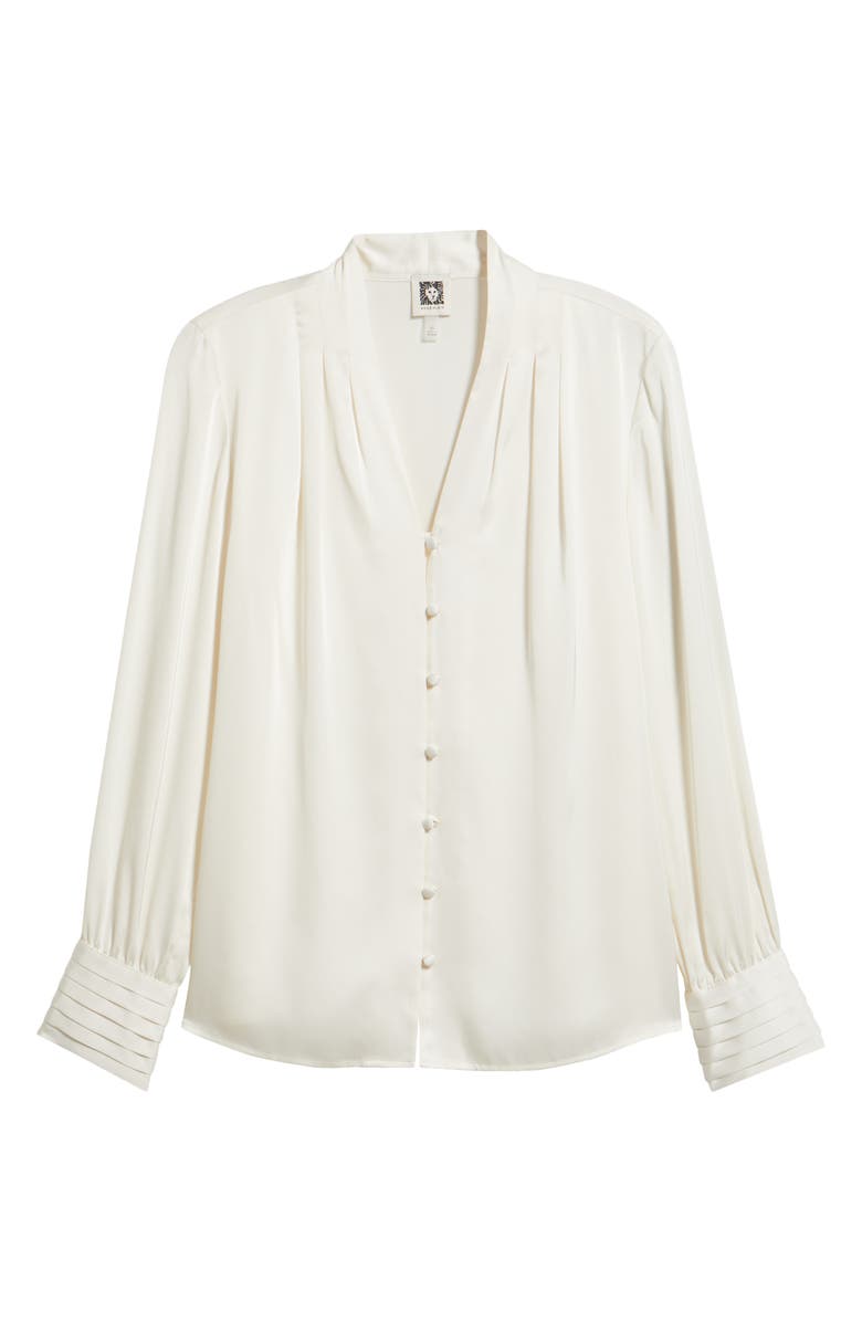 Anne Klein Pleat Front V-Neck Button-Up Shirt, Alternate, color, Eclair