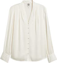 Anne Klein Pleat Front V-Neck Button-Up Shirt