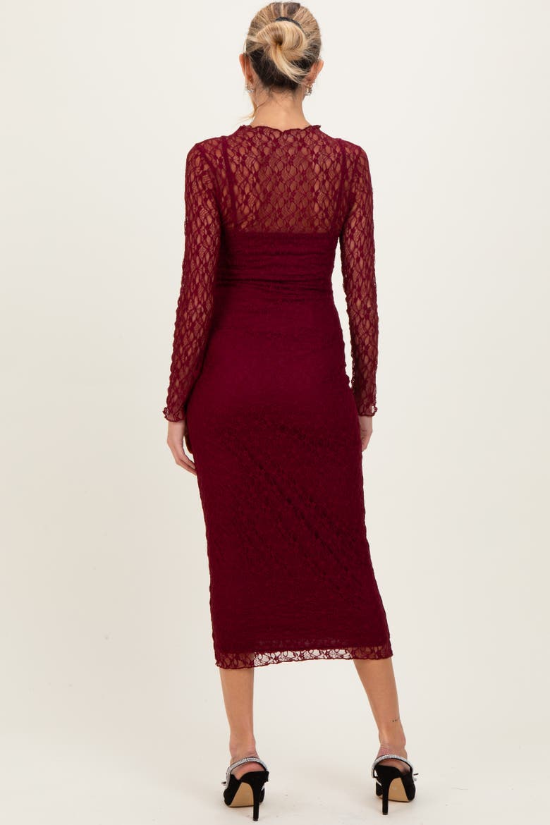 Lace Overlay Fitted Midi Dress, Alternate, color, Burgundy