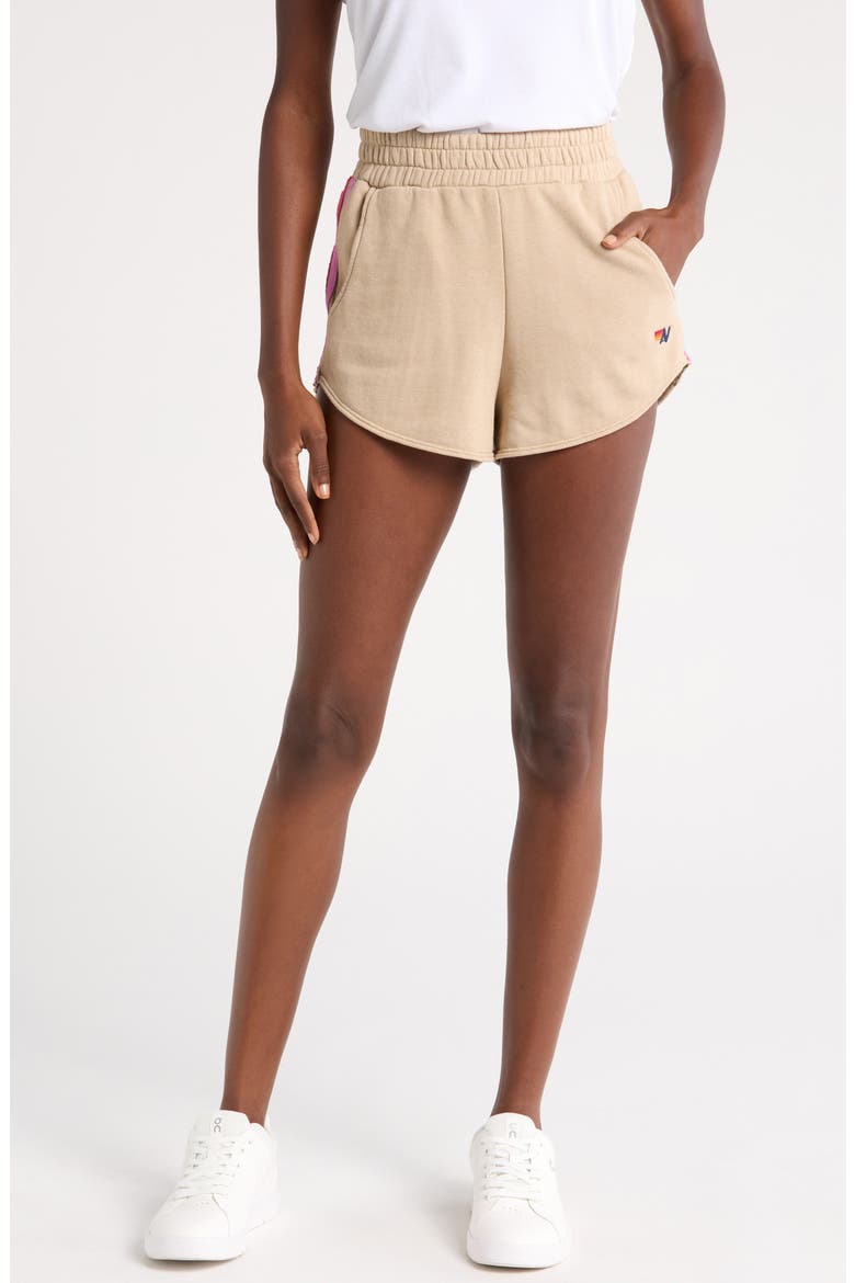 5-Stripe Sweat Shorts, Main, color, SAND/ PINK GREEN