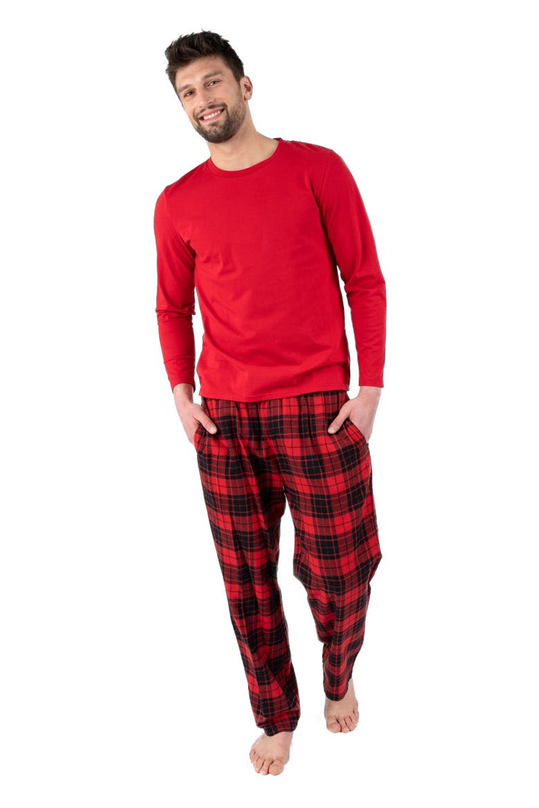 Men's Cotton Top & Flannel Pants Printed Holiday Pajama Set, Main, color, Plaid Black & Red