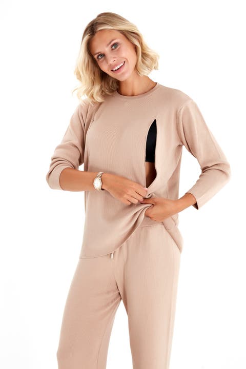 Effortless Elegance Set with Rib Side Zip Long Sleeve Top & Lounge Pants