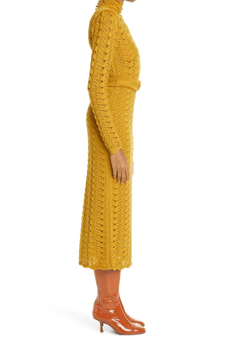 Concert Long Sleeve Crochet Merino Wool Midi Dress, Alternate, color, DARK MUSTARD