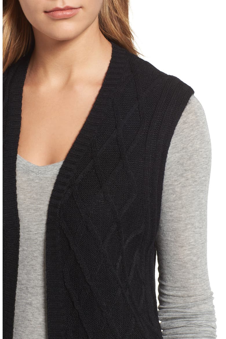 Cable Stitch Long Sweater Vest, Alternate, color, BLACK