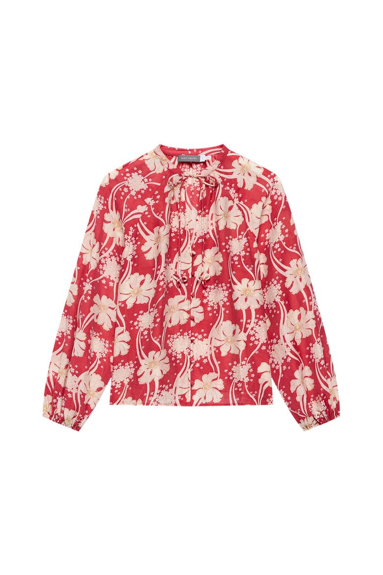 Floral Tie Neck Long Sleeve Blouse, Alternate, color, Red