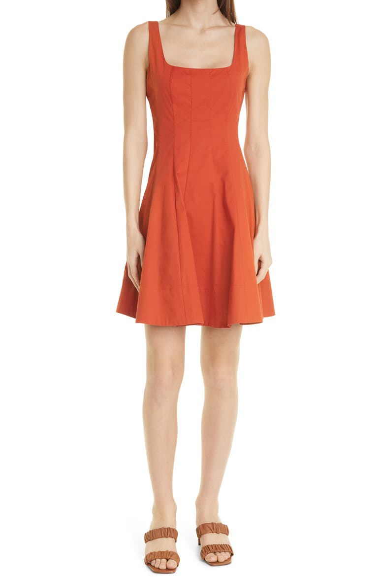 Wells Cotton Stretch Poplin Fit & Flare Dress, Main, color, RUST