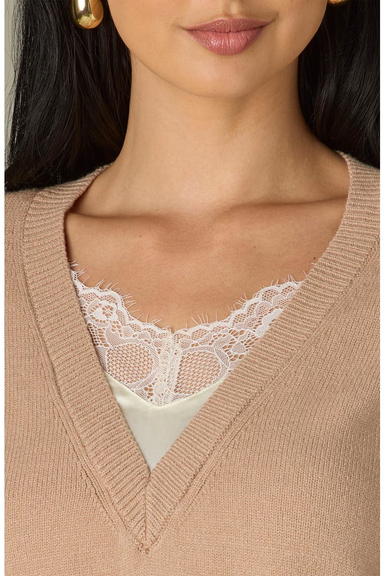 Layered Lace Trim Ruched Sleeve Sweater, Alternate, color, PALE OAK/ ECRU