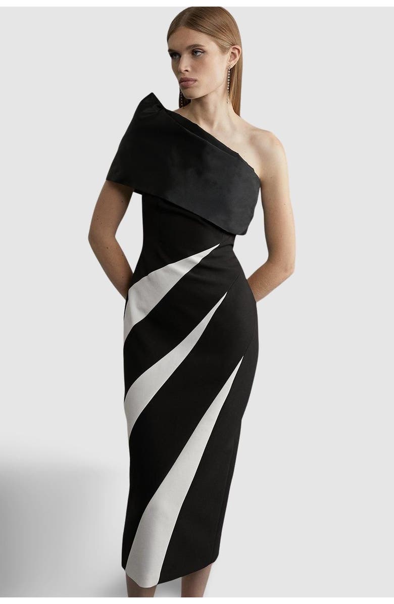 Karen Millen One Shoulder Panel Midi Dress, Alternate, color, Mono