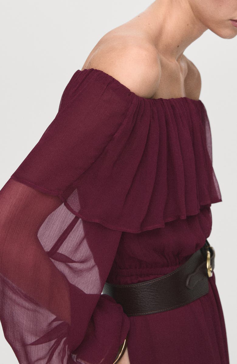 MANGO Ruffle Off the Shoulder Long Sleeve Maxi Dress, Alternate, color, Burgundy